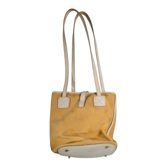 Vtg 1990s Dooney & Bourke Yellow Monogram Canvas Leather Trim Buckle Bucket Bag - Picture 2 of 7